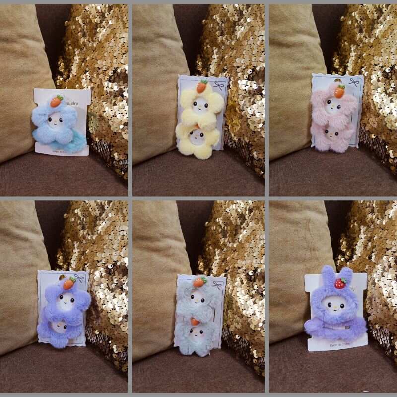 Collage of small plush toys in packaging on a sequined surface