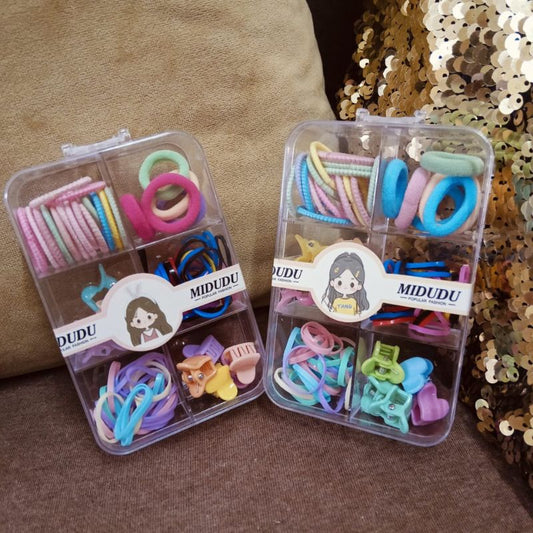 MUDUDU Hair Accessories Box – Colorful Bands & Mini Clips (Pack of 2)